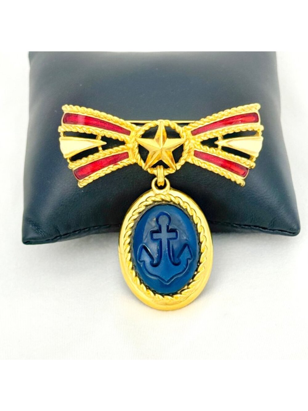 Vintage Trifari Nautical Anchor Gold-Tone Brooch With Enamel Bow & Blue Anchor